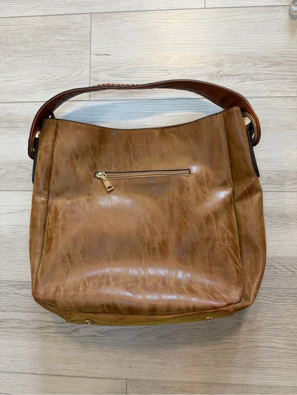 Boho Brown Hobo Bag Purse Faux Leather Distressed Finish Braided Strap Western